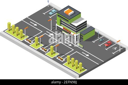 Das Regierungsgebäude ist eine isometrische Zusammensetzung des Einkaufszentrums und des Parkplatzes Lot-Bereich mit Straßenmarkierung und Pfeile Vektorgrafik Stock Vektor