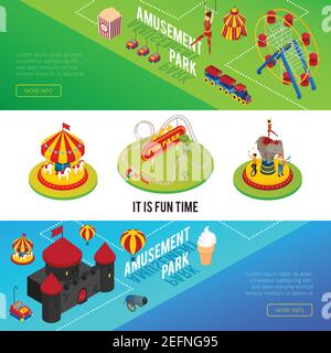 Zirkus isometrische horizontale Banner mit Elementen des Vergnügungsparks so Als Karussell mittelalterliche Burg Riesenrad Zirkus Zelt Cartoon Vektor Illustratio Stock Vektor