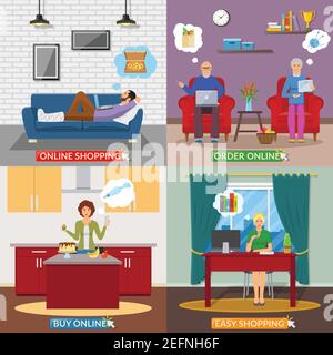Online-Shopping 2x2 Design-Konzept mit Menschen in der häuslichen Einrichtung Machen Online-Zahlung flach Vektor-Illustration Stock Vektor