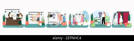 Frauen einkaufen und kaufen Kleidung in Bekleidungsgeschäft oder Bekleidungsgeschäft. Mode Kleid Konzept Vektor Illustration. Weibliche Kunden versuchen, sich zu kleiden Stock Vektor