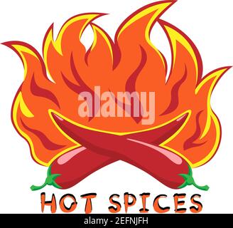 Logo heiße Gewürze von zwei Paprika auf einem Feuer Hintergrund 2 Stock Vektor