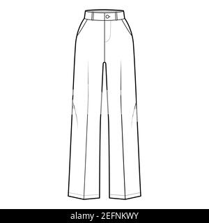 Hose tailored technische Mode Illustration mit normaler Taille, hoher Bund, voller Länge, schräg, Pattentaschen. Flatbottom Hose Bekleidungsschablone vorne, weiß. Frauen Männer Unisex CAD mockup Stock Vektor