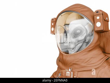 Alien Astronaut Seitenansicht Nahaufnahme mit Kopierraum, 3d-Illustration Stockfoto