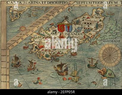 Olaus Magnus' Karte von Skandinavien 1539, Sektion A, Island. Stockfoto