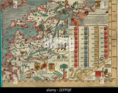 Olaus Magnus' Karte von Skandinavien 1539, Abschnitt I, Livland. Stockfoto