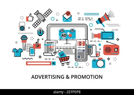 Moderne flache dünne Linie Design Vektor Illustration, Konzept der Werbung, Marketing und Promotion-Prozess, für Grafik-und Web-Design Stock Vektor