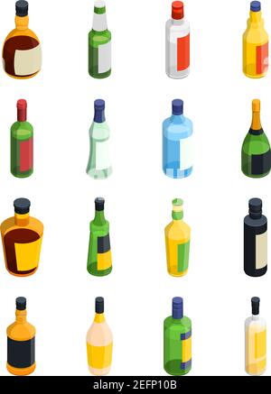 Farbiges und isoliertes alkoholisometrisches Icon-Set in verschiedenen Größen Vektorgrafik und Fläschentypen Stock Vektor