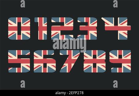 3-D-Zahlen mit UK-Flaggentextur auf schwarzem Hintergrund isoliert. Vektorgrafiken. Element für die Konstruktion. Kinderalphabet. Großbritannien patriotisch Stock Vektor