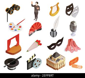 Theater Icon isometrischen Satz von sechzehn isoliert Vintage-Stil symbolisch Bilder, die verschiedene Bereiche der Kunst Vektordarstellung Stock Vektor