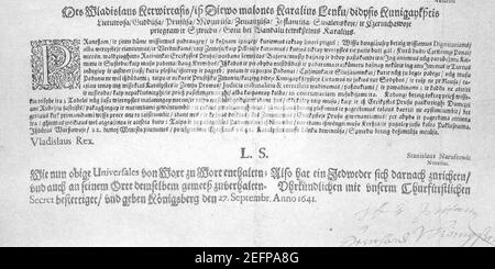 Alte litauische Texte. Orden Ladislaus IV. Vasa, der die Umsiedlung in das Nachbarpreußen verbietet, 1641. Herausgegeben in litauischer Sprache. Stockfoto