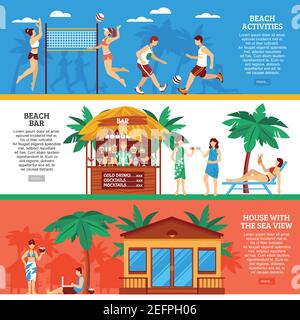 Strand horizontale flache Banner mit Bar Sport Spiele und gesetzt Haus mit Meerblick isoliert Vektor-Illustration Stock Vektor