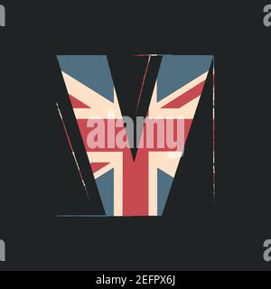 Großbuchstaben 3D V mit UK-Flag-Textur isoliert auf schwarzem Hintergrund. Vektorgrafik. Element für Design. Kinder Alphabet. Stock Vektor