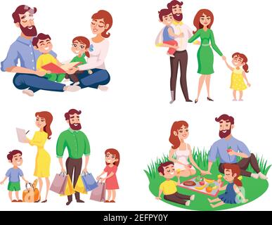 Set der Familie während des Spaziergangs, Picknick auf der Wiese, Lesen, nach dem Einkaufen retro Cartoon-Stil isoliert Vektor-Illustration Stock Vektor