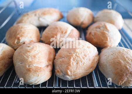 Frisch zubereitete knusprige Brötchen kühlen auf einem Drahtofen-Rack. Geringer Fokus Stockfoto