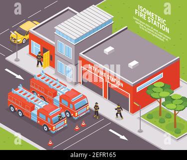 Isometrische Feuerwehrstation mit zwei Motoren 3D Vektorgrafik Stock Vektor