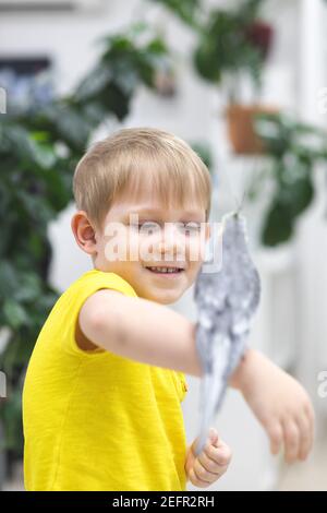 Kind Junge in leuchtend gelben T-Shirt lacht und freut sich auf seiner Hand sitzen grau riesigen heimischen Kakadu Papagei. Stockfoto