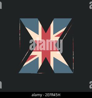 Großbuchstaben 3D x mit UK-Flag-Textur isoliert auf schwarzem Hintergrund. Vektorgrafik. Element für Design. Kinder Alphabet. Stock Vektor