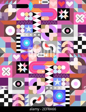 Abstraktes flaches Design nahtloser Vektor-Hintergrund mit verschiedenen geometrischen Formen und Musterelementen. Stock Vektor