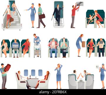 Menschen in Flugzeug-Set einschließlich Piloten Stewardess Passagiere auf Sitzen Oder mit Vektorgrafik für Handgepäck Stock Vektor