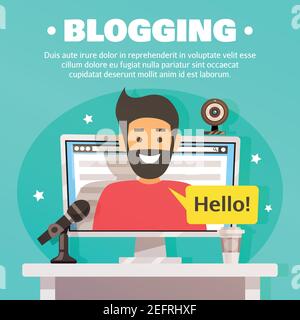 Blogger Komposition mit flachen Bildern von Desktop-Computer Web-Kamera Und Mikrofon mit männlichem Charakter auf dem Bildschirm Vektordarstellung Stock Vektor
