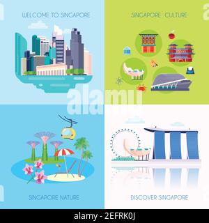 Vier quadratische Wohnung Singapur Kultur Ikone gesetzt mit willkommen Singapur Singapur Kultur Singapur Natur und entdecken Singapur Schlagzeilen Vektor illustraa Stock Vektor