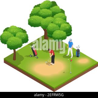 Golf isometrische Draufsicht Komposition mit zwei Sportler spielen auf Golfplatz Taschen Loch und Bäume Vektorgrafik Stock Vektor