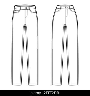 Set Skinny Jeans Denim Hose technische Mode Illustration mit voller Länge, normale Taille, hoher Bund, 5 Taschen, Nieten. Flacher Boden Schablone vorne, weiße Farbe Stil. Frauen, Männer CAD-Modell Stock Vektor