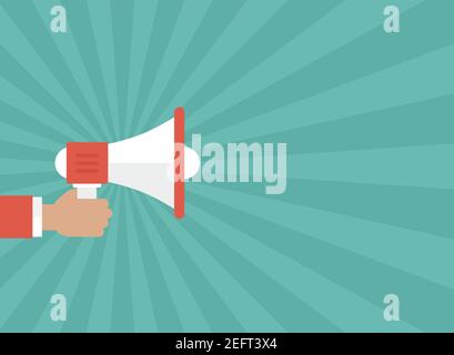 Hand mit weißem Megaphon auf blauem Hintergrund mit Strahlen. Flacher Cartoon Lautsprecher. Einfache Vektor Plakatdarstellung. Ansagesymbol. Achtung s Stock Vektor