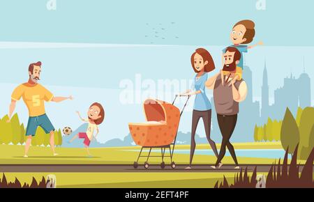 Junge Familie mit Kleinkind und Baby Wandern im Park im Freien Mit Stadtbild Hintergrund Retro Cartoon Vektor Illustration Stock Vektor