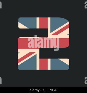 Hauptnummer zwei mit UK-Flag-Textur isoliert auf schwarzem Hintergrund. Vektorgrafik. Element für Design. Kinder Alphabet. Stock Vektor