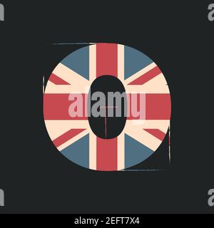 Großbuchstaben 3D O mit UK-Flag-Textur isoliert auf schwarzem Hintergrund. Vektorgrafik. Element für Design. Kinder Alphabet. Stock Vektor