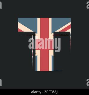 Großbuchstaben 3D T mit UK-Flag-Textur isoliert auf schwarzem Hintergrund. Vektorgrafik. Element für Design. Kinder Alphabet. Stock Vektor