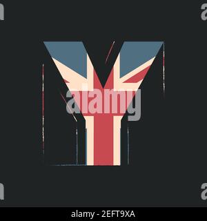 Großbuchstaben 3D Buchstabe Y mit UK-Flag-Textur isoliert auf schwarzem Hintergrund. Vektorgrafik. Element für Design. Kinder Alphabet. Stock Vektor