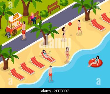 Farbige Strand Rest isometrische Zusammensetzung mit Urlaubern schwimmen und sonnen Auf dem Strand Vektor-Illustration Stock Vektor