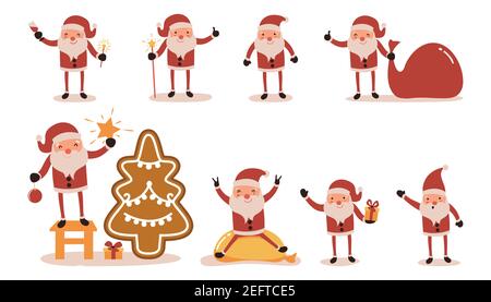 Weihnachtsmann, Set. Vektorgrafik auf weißem Hintergrund für Postkarten. Weihnachten, Neujahr. Stock Vektor