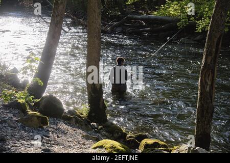 Ein Fischer, der in einem Fluss mit Angelmast steht, Black River, High Bridge, Hunterdon County, New Jersey Stockfoto