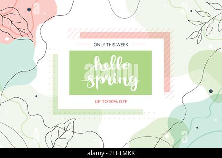 Hello Spring Banner mit Schriftzug und abstrakten Formen. Niedliche handgezeichnete Vektor-Illustration, Banner-Vorlage Stock Vektor