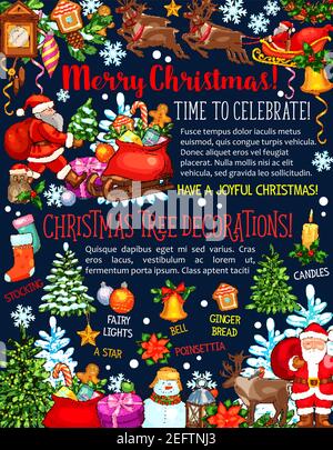 Frohe Weihnachten und frohe Feiertage Grußkarte Design von Dekorationen und Weihnachtsgeschenke. Vector Weihnachtsbaum und Neujahr Cookies, Schneeflocken und sno Stock Vektor