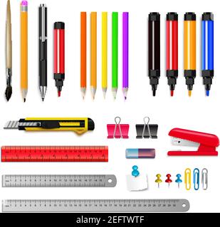 Briefpapier Sortiment Satz von Linealen Bleistifte Marker und andere Artikel Isoliert auf weißem Hintergrund realistische Vektordarstellung Stock Vektor