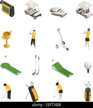 Golf farbige isometrische isolierte Symbole Satz von Golfern Zubehör und Ausrüstung für Spiel Vektor Illustration Stock Vektor