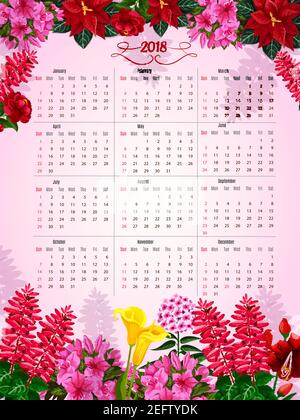 Blumenkalender Vorlage von Frühling oder Sommer Blumen. Vektor-Design Monatskalender in floralen Rahmen von Rosen, Garten Petunia oder Narzissen und Flieder, y Stock Vektor