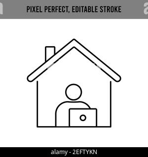 Mann, der am Computer von der Privatleitung Symbol arbeitet. Freiberufliche Arbeit, Online-Bildung. Person, die im Büro vor dem Laptop sitzt. Bearbeitbare Kontur. Stock Vektor