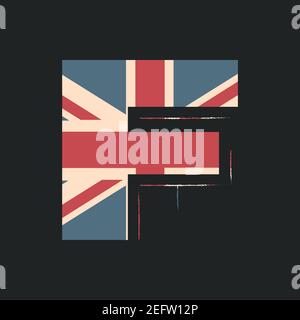 Großbuchstaben 3D F mit britischer Flag-Textur isoliert auf schwarzem Hintergrund. Vektorgrafik. Element für Design. Kinder Alphabet. Stock Vektor