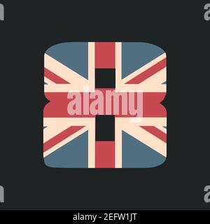 Großzahl acht mit UK-Flag-Textur isoliert auf schwarzem Hintergrund. Vektorgrafik. Element für Design. Kinder Alphabet. Stock Vektor