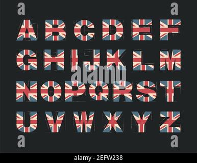 Capital 3D Alphabet mit UK Flag Textur isoliert auf schwarzem Hintergrund. Vektorgrafik. Element für Design. Kinder Alphabet. Stock Vektor