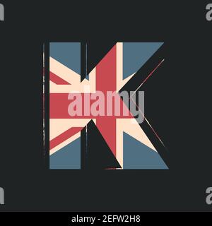Großbuchstaben 3D K mit UK-Flag-Textur isoliert auf schwarzem Hintergrund. Vektorgrafik. Element für Design. Kinder Alphabet. Stock Vektor