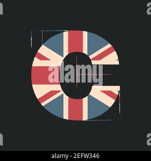 Großbuchstaben 3D Buchstabe C mit britischer Flag-Textur isoliert auf schwarzem Hintergrund. Vektorgrafik. Element für Design. Kinder Alphabet. Stock Vektor