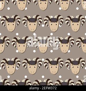 Vektor flache Tiere bunte Illustration für Kinder. Nahtloses Muster mit Widder-Gesicht auf beigefarbenem Punkthintergrund. Niedliche Schafe. Entzückende Karikatur Stock Vektor