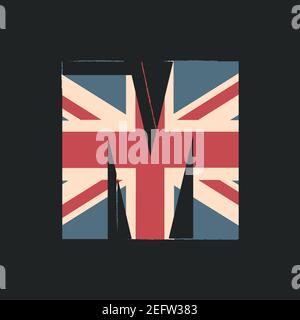 Großbuchstaben 3D M mit UK-Flag-Textur isoliert auf schwarzem Hintergrund. Vektorgrafik. Element für Design. Kinder Alphabet. Stock Vektor