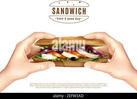 Gesundes Multi-Grain-Sandwich mit Mozzarella Salat Tomatenzwiebel in Hände realistische Werbung weißen Hintergrund Poster Vektor Illustration Stock Vektor